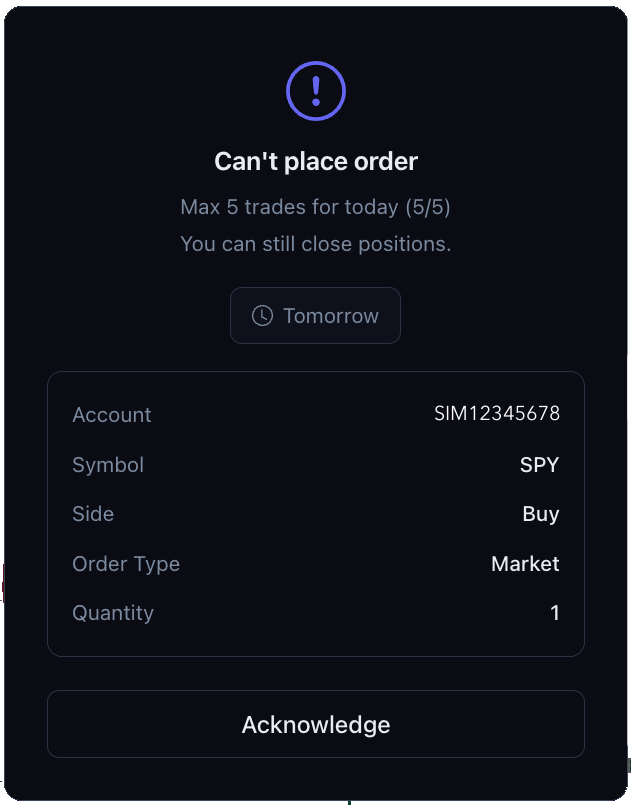 PrecisionTrader blocking a new trade after the max trades per day limit is reached