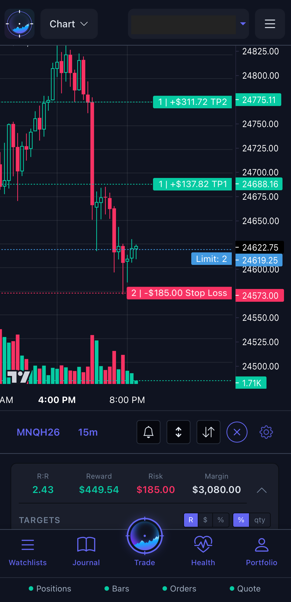 PrecisionTrader mobile trading view