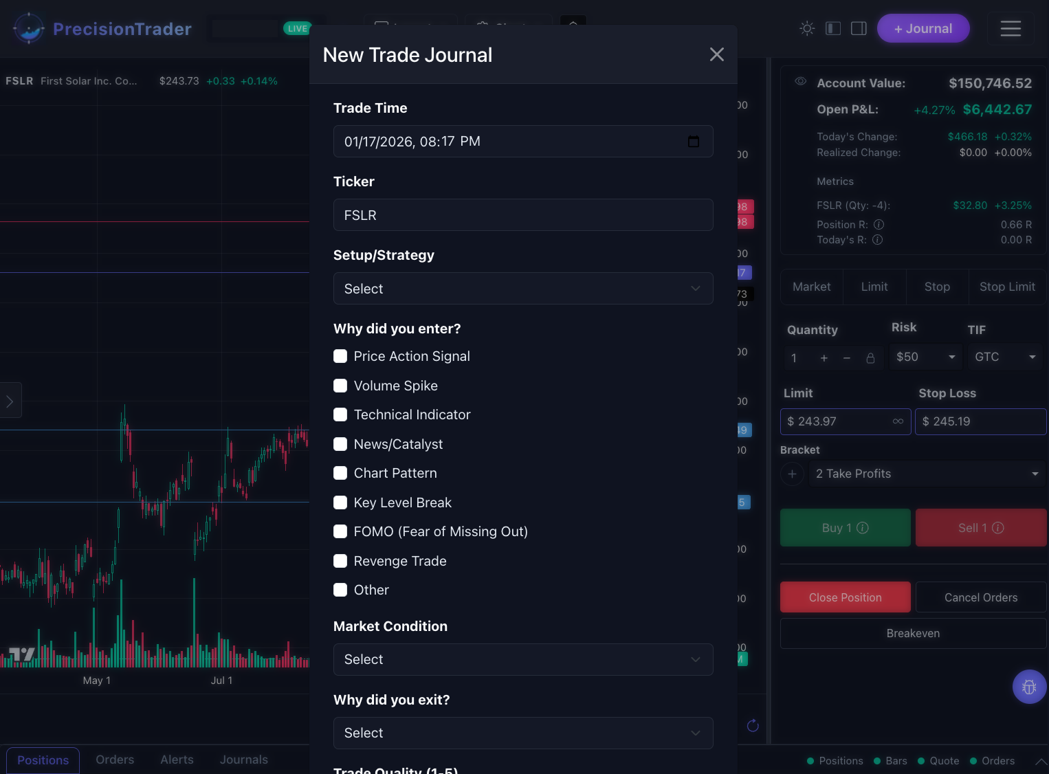 New trade journal modal with entry form