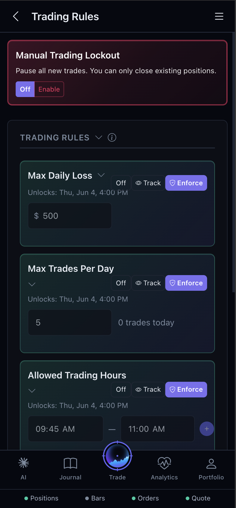 Trading rules configuration with Track, Enforce, and Alert toggles for daily loss, trade count, hours, stop loss, and position risk
