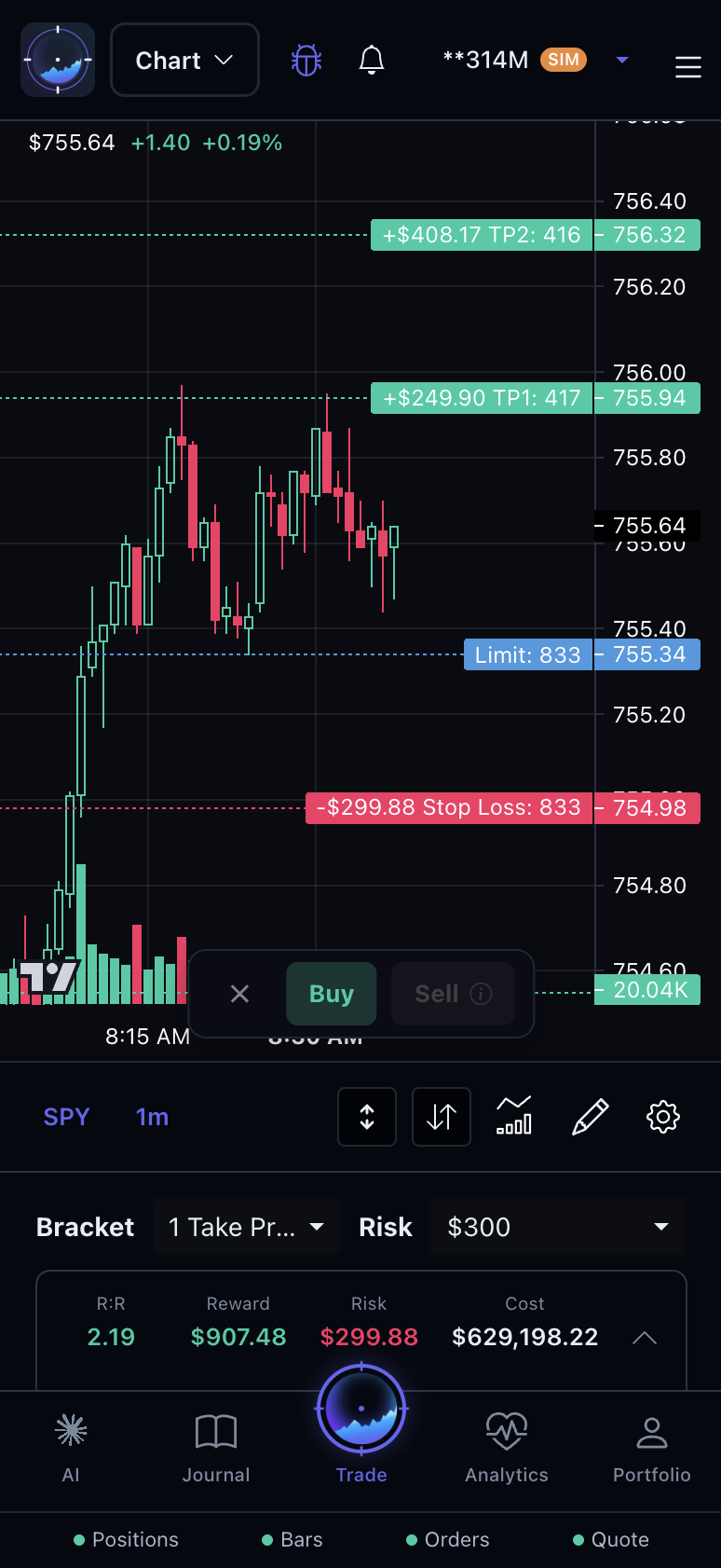 PrecisionTrader mobile trading view