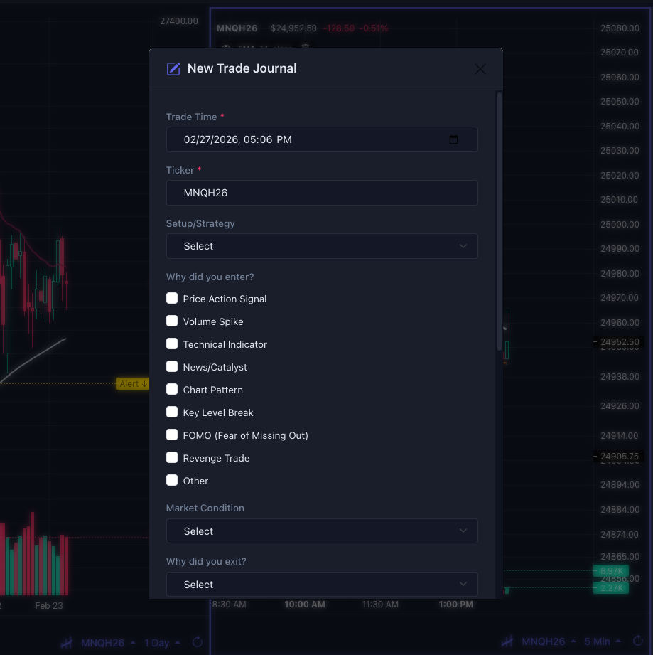 New trade journal modal with entry form