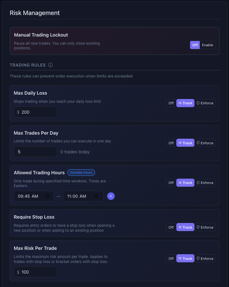 Trading rules configuration interface